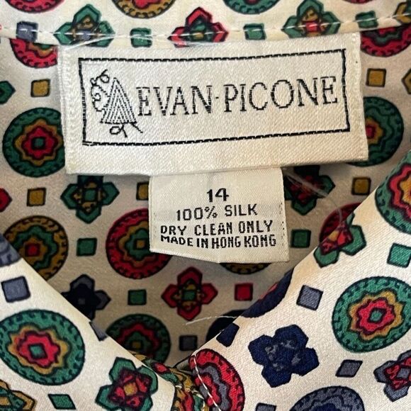 Evan Picone Silk Shirt Women's Sz 14 Multicolor Button-Up Long Sleeve Geometric - Picture 3 of 13